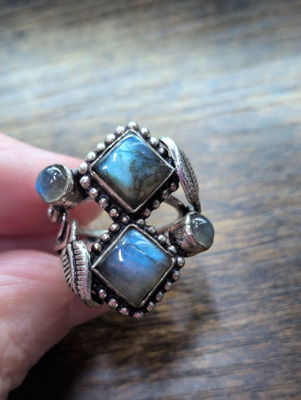Labradorite Double Square Statement Ring - Silver Leaf Design